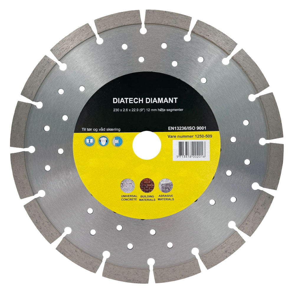 Diamantklinga 230x22,2 mm - För hård betong/natursten - 12 mm segment