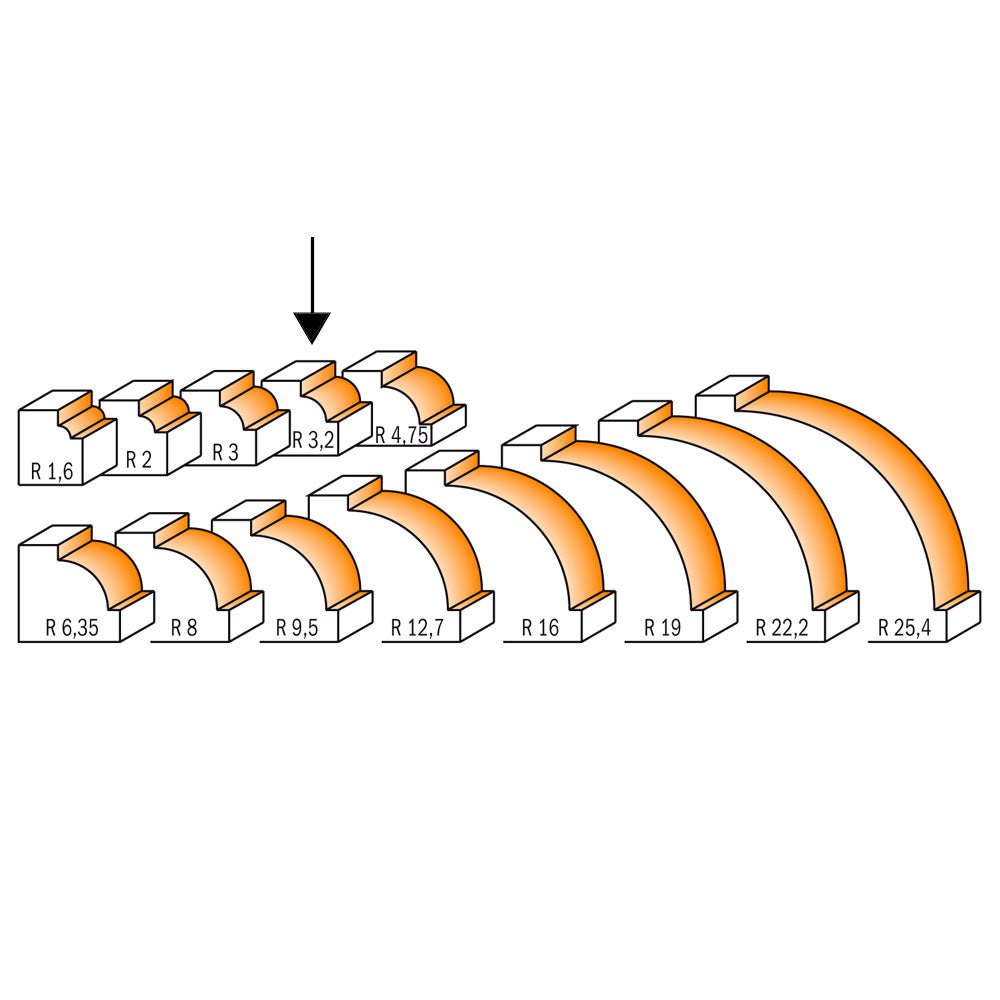 Avrundingsfräs 3,2mm radius | med litet kullager | 8mm skaft