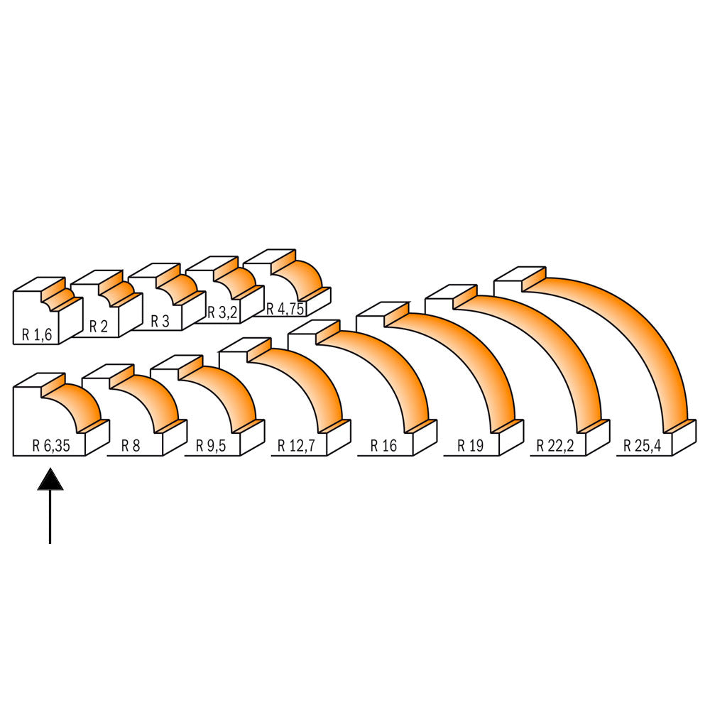 Avrundingsfräs 6,35mm radius | med litet kullager | 8mm skaft