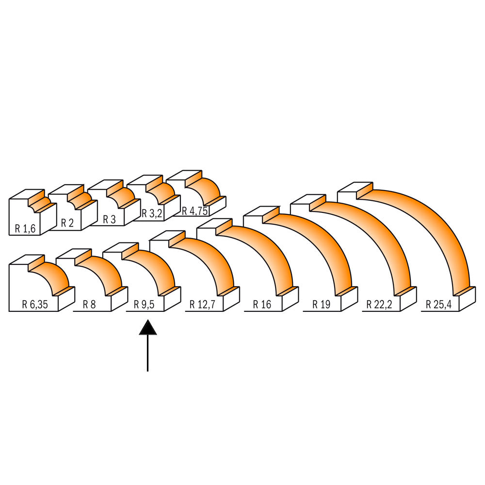 Avrundingsfräs 9,5mm radius | med litet kullager | 8mm skaft