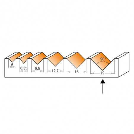 V-Notfräs 19 mm x 16mm | 90° | 6mm skaft