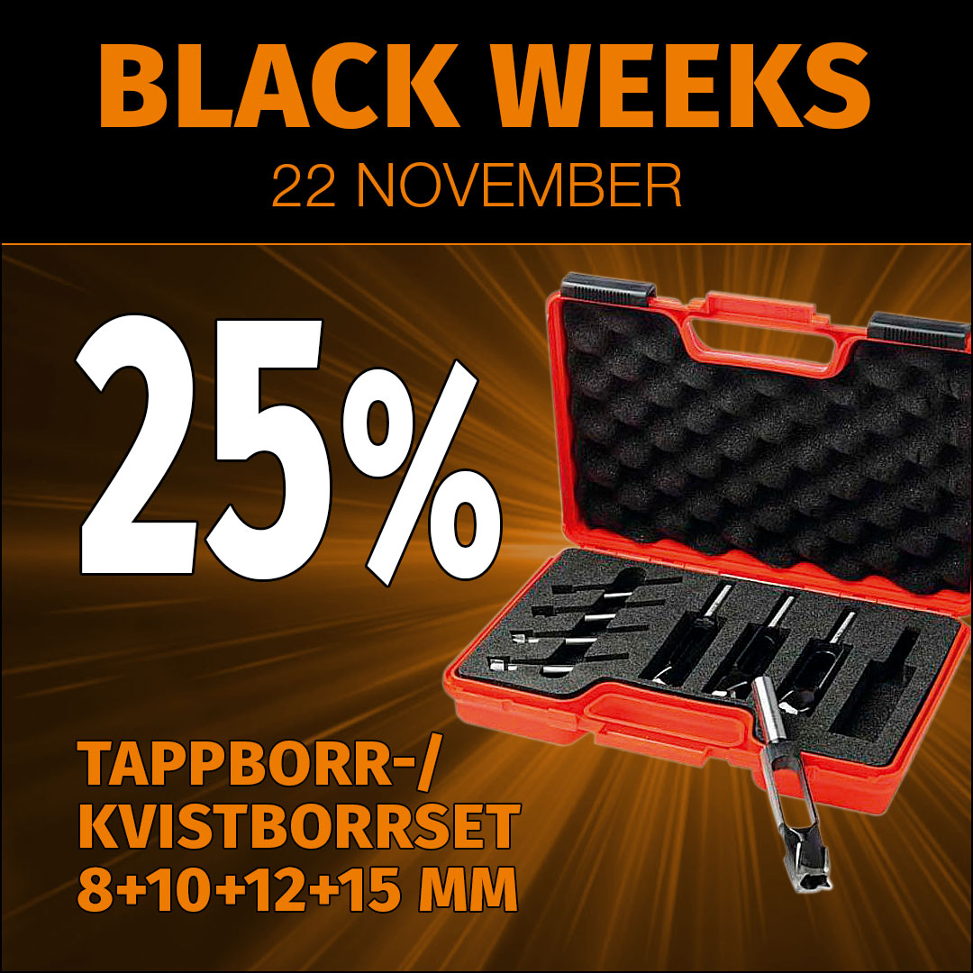 Tappborr-/Kvistborrset  | 8+10+12+15mm | Verktygsstål | Skaft 10/13mm | Högerspiral