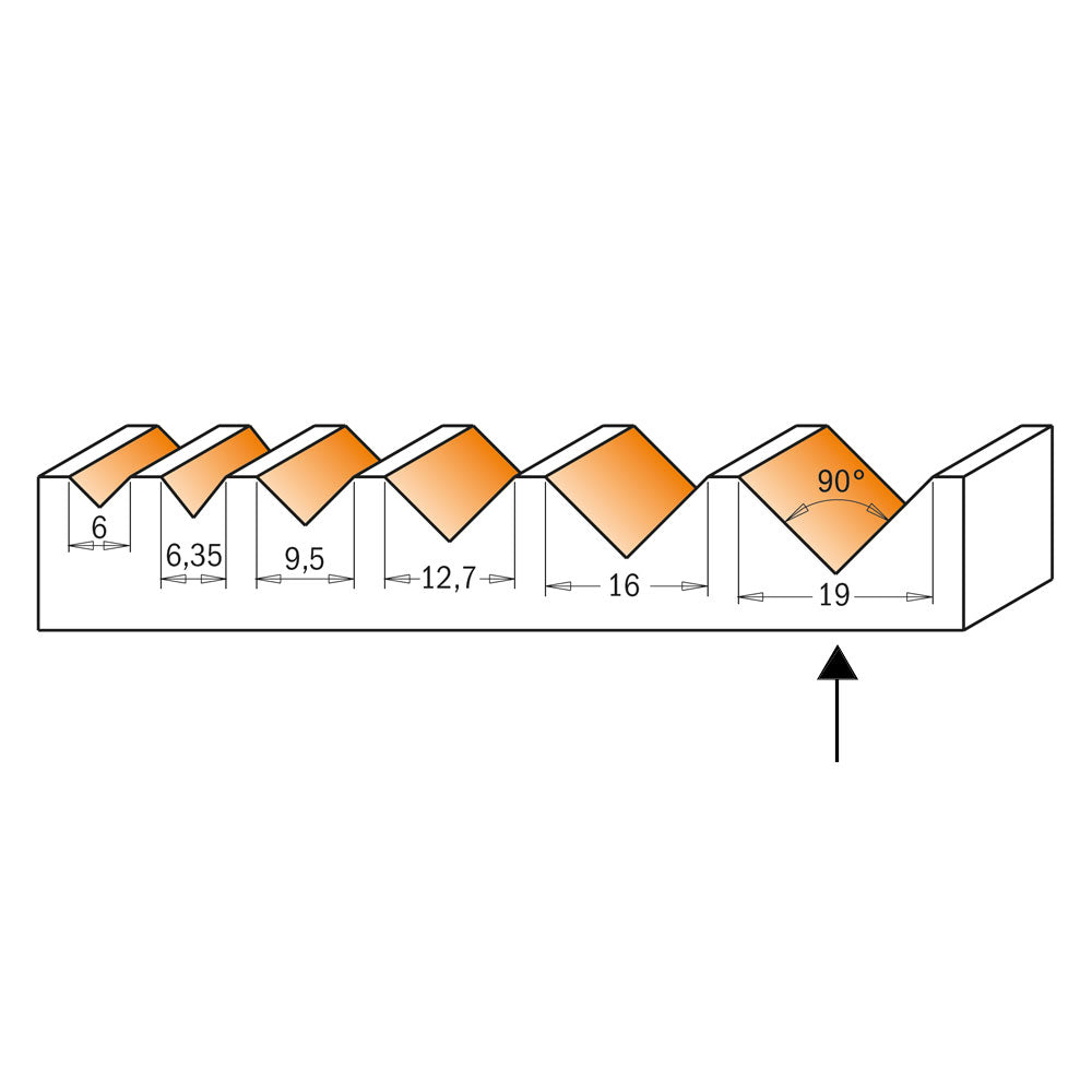 V-Notfräs 19 mm x 16mm | 90° | 6mm skaft